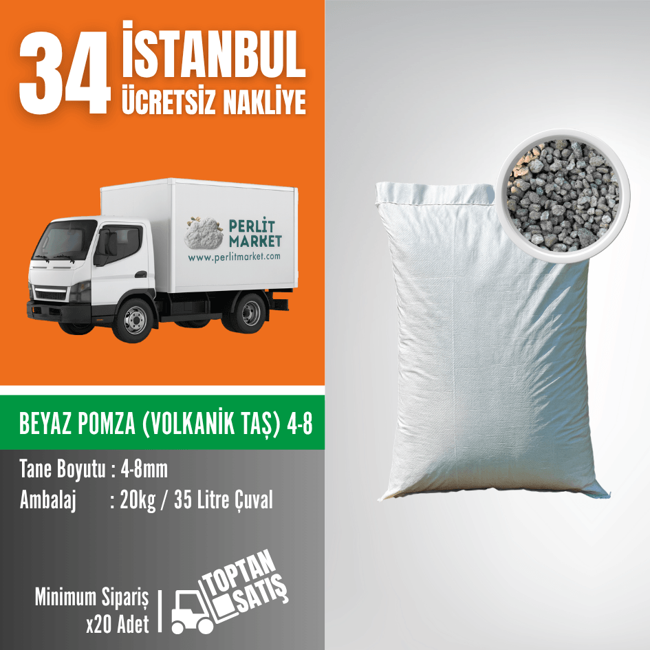 4–8 mm Beyaz Pomza (Volkanik Taş) | 35 Litre (20 kg) – İstanbul Nakliye Dahil